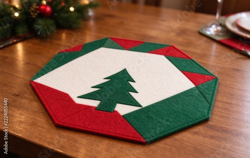 Christmas Felt Placemat, Red Green Tree Silhouette Holiday Table