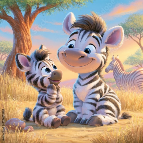 Two happy cartoon zebras enjoying a sunny day on the savanna.