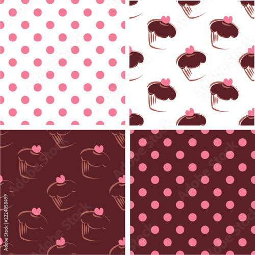 Set of Four Seamless vector Patterns Featuring Cute Cupcakes and Polka Dots in Chocolate Brown and Soft Pink