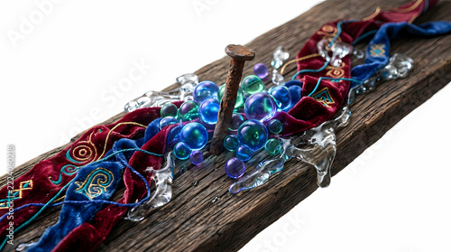 Rusty Nail and Colorful Beads on Wooden Branch