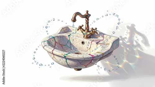 Decorative sink with brass faucet and water drops