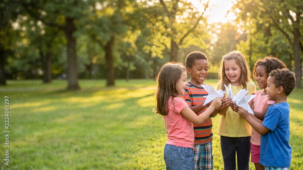Fototapeta premium Diverse children holding paper origami peace doves outdoors in sunny park