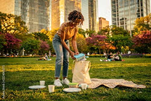 Joyful Young Woman Preparing Picnic in Sunlit Urban Park, Surrounded by Skyscrapers and Blooming Trees, Warm Golden Hour Light, Vibrant Green Grass and Plaid Blanket, Capturing Leisure and Contentment