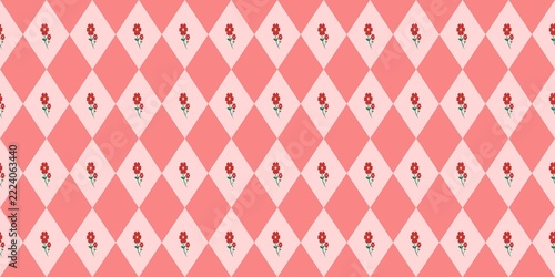 Seamless argyle pattern with small red flowers on pink background. Vintage floral illustration for fabric, wallpaper, and wrapping paper.
