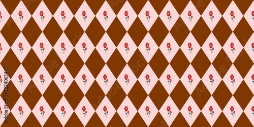 Seamless retro brown and pink argyle geometric pattern with small red flowers. Great for textiles, wallpaper, or design backgrounds.
