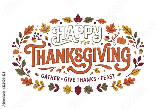 Happy Thanksgiving typography design with autumn leaves