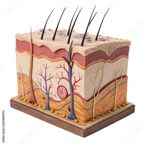 Anatomical cross section model of human skin showing layers and hair follicles.