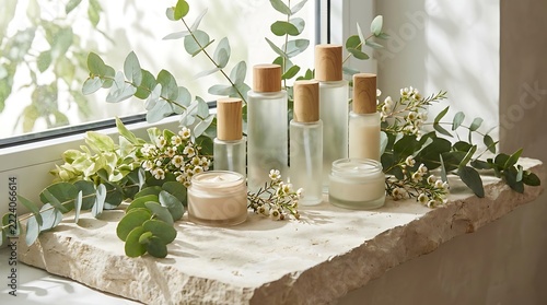 Premium limited edition beauty bundles arranged with organic skincare products on a natural stone surface by window
