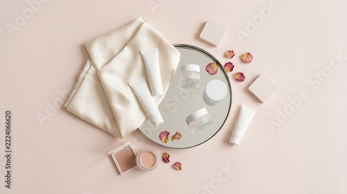 Flat lay of luxury skincare products presented as limited edition beauty bundles on a soft pink silk aesthetic background