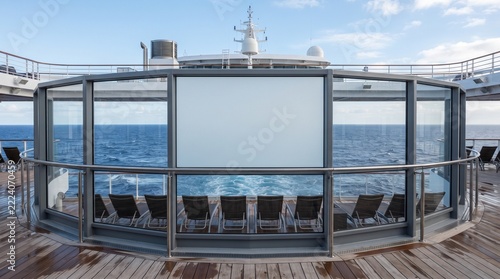 Empty Outdoor Movie Screen on a Cruise Ship Deck with Ocean View and Lounge Chai