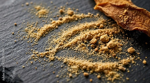 A heap of organic mango powder next to a dried fruit slice on a black stone background in a close up food photography