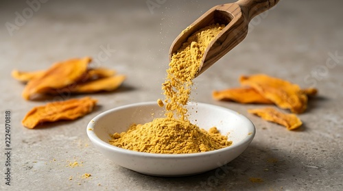 Mango powder being poured from a wooden scoop into a small white bowl with dried mango slices on a stone background