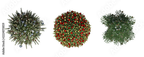 Christmas tree set, top view, isolate on a transparent background, 3D illustration, cg render