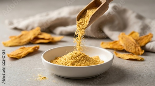 A wooden scoop pouring organic mango powder into a ceramic bowl surrounded by dried slices of healthy tropical fruit