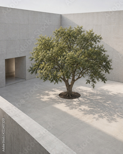 Single Tree in Minimalist Concrete Courtyard