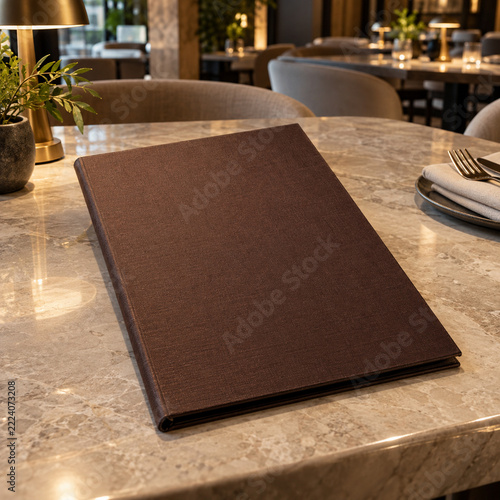 Blank Brown Restaurant Menu on Marble Table