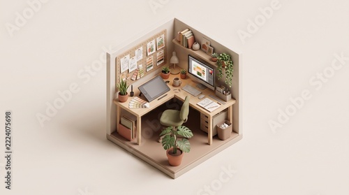 A detailed isometric illustration of a comfortable home interior featuring stylish furniture potted plants and inviting warm lighting