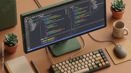 Overhead shot of a modern workspace featuring code on a computer screen and office supplies