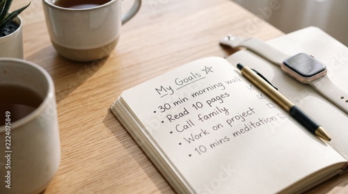 A pair of warm drinks and an open notebook sit on a light wood desk inspiring thoughtful ideas