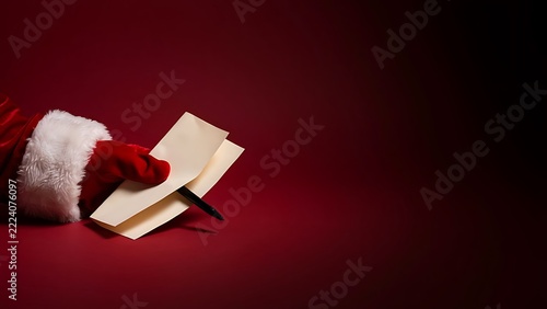 Santa claus hand holding a blank letter envelope against a deep red background, for christmas holiday, greetings and festive, winter season mail concepts