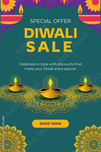 Happy Diwali sale offer banner design with glowing oil diya lamps and mandala pattern vector illustration