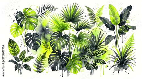 Watercolor Tropical Leaves Pattern Set with Vibrant Green Foliage