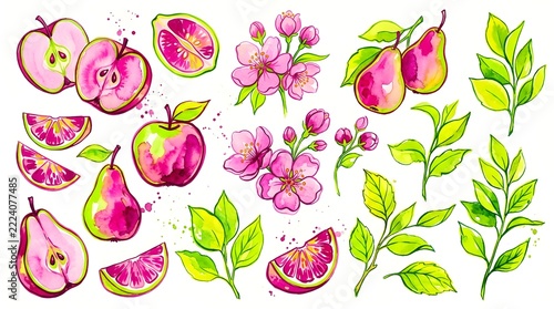 Watercolor Fruit and Blossom Clipart Set for Seasonal Design