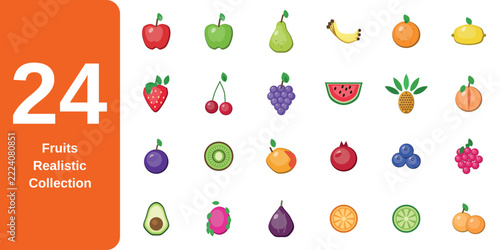 Set of twenty four colorful fruit icons isolated on transparent background for healthy food design