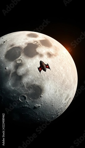 Cratered moon surface with spaceship approaching, maze, adventure