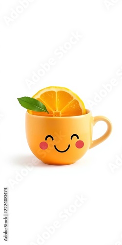 Cute orange tea cup with lemon slice and happy face isolated on white background, Citrusy, Morning Mood