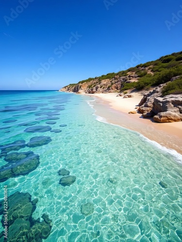 Sandy shoreline stretches out along crystal-clear waters, sunlight, beach