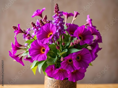 Vibrant purple amaranth flowers arranged in a decorative vase, purple, vase