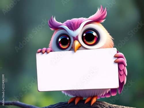 Whimsical owl cartoon holding a blank sign, looking up with big round eyes and soft feathers, nature, colorful artwork