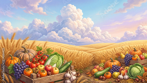 Thanksgiving background illustration featuring abundant produce (with space for text)