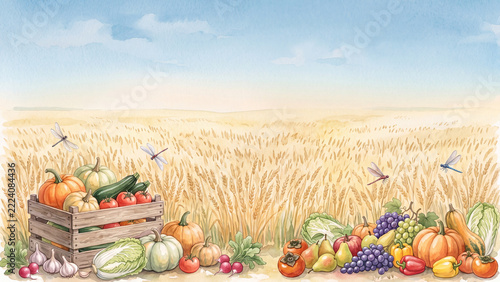 Thanksgiving background illustration featuring abundant produce (with space for text)