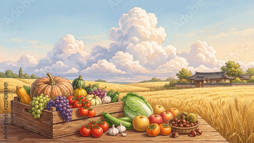 Thanksgiving background illustration featuring abundant produce (with space for text)