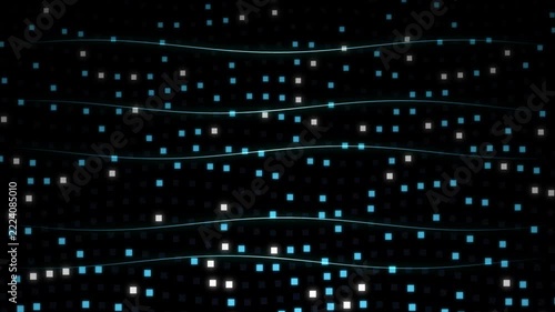 Glowing Blue Data Particles Moving Along Sinusoidal Waves Digital Technology Background Motion Graphics Element with Shimmering Square Pixels Floating in Dark Space for Futuristic HUD User Interface D