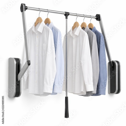 Pull Down Closet Rod with Hanging Shirts Isolated on White Background – Adjustable Wardrobe Lift System