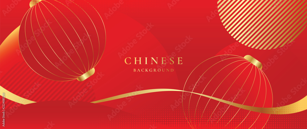 Naklejka premium Chinese New Year Red Vector Background with Two Outlined Golden Lanterns and Flowing Metallic Ribbon Accents