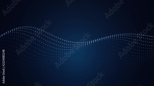 Glowing blue digital particle wave background animated with futuristic cyber network grid nodes moving smoothly across a dark deep navy blue backdrop for modern technology and big data concepts