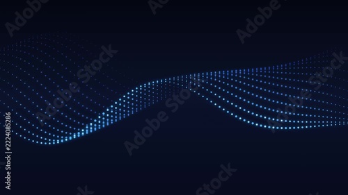 Glowing blue particle wave animation undulating across a dark futuristic background representing big data digital flow cyber network connectivity artificial intelligence sound visualization
