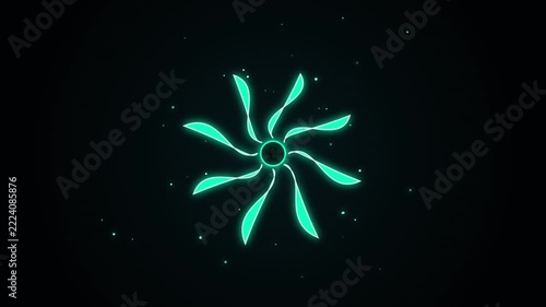 Glowing cyan neon abstract geometric flower motif rotating on dark background with floating particles seamless loop motion graphic visual element for technology backdrop and modern video transition