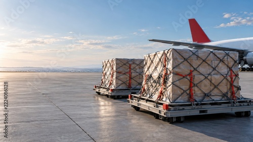 Cargo being loaded onto a plane at an airport during sunset