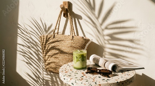 Aesthetic Summer Lifestyle Still Life with Iced Matcha Latte and Straw Bag