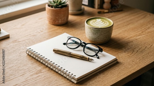 Minimalist Workspace with Matcha Latte Notebook and Fountain Pen