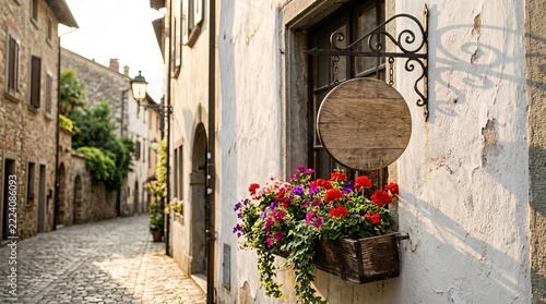Blank Round Wooden Sign Mockup on Rustic European Street Wall