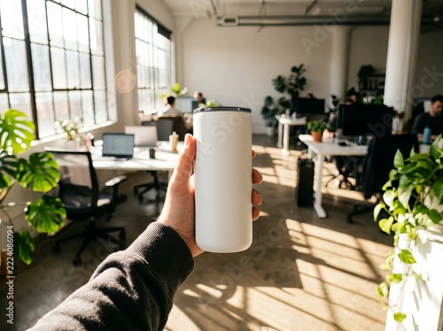 Hand Holding Blank White Tumbler Mockup in Modern Sunlit Office