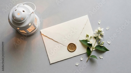 Elegant Handmade Envelope with Gold Wax Seal and Jasmine Flowers on Gray Background