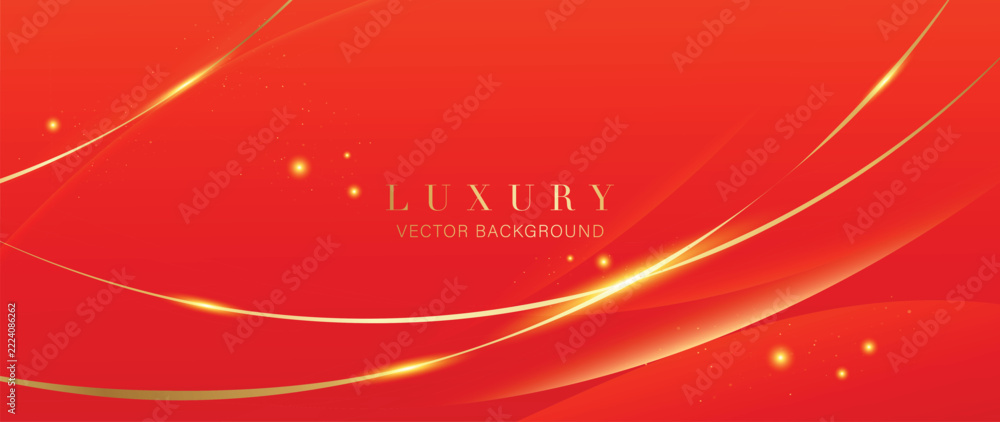 Naklejka premium Luxury Chinese Red Vector Background with Luminous Gold Swooshes Floating Sparkles and Dynamic Smooth Ribbon Layers