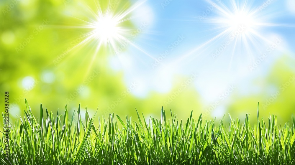 Fototapeta premium Bright Green Grass Field in Summer Spring Sunlight on Bokeh Background Scenic Spring Nature View